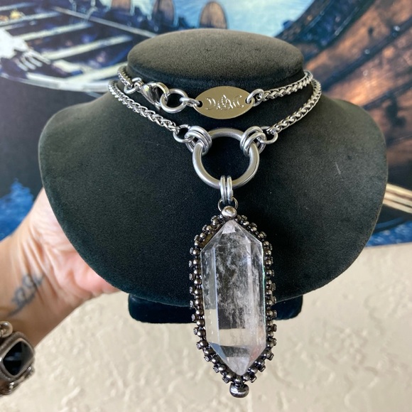 Natural Crystal quartz black electroplated boho goth stainless steel necklace - Picture 3 of 15